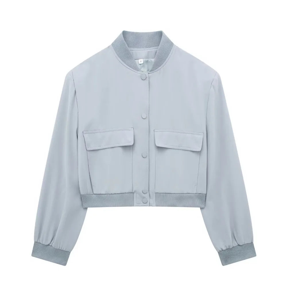 Women Fashion with Pockets Cropped Bomber Jacket Coat Vintage Long Sleeve Front Button Female Outerwear Chic Tops y2k clothes