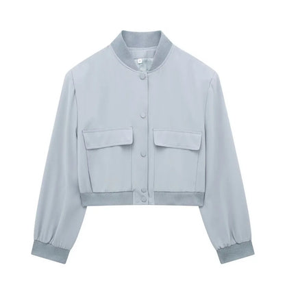 Women Fashion with Pockets Cropped Bomber Jacket Coat Vintage Long Sleeve Front Button Female Outerwear Chic Tops y2k clothes