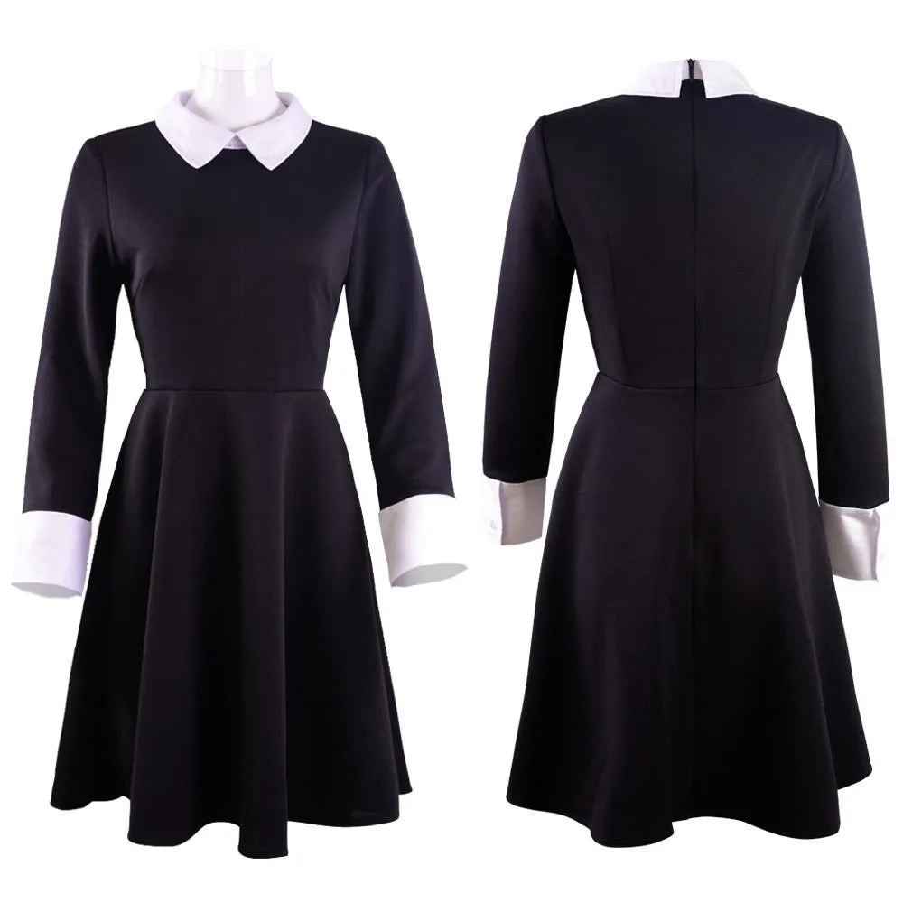Wednesday Addams cosplay dress for women black fit and flare long sleeve dress with white collar and cuffs
