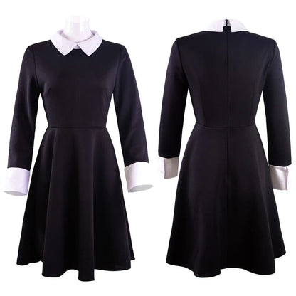 Wednesday Addams cosplay dress for women black fit and flare long sleeve dress with white collar and cuffs