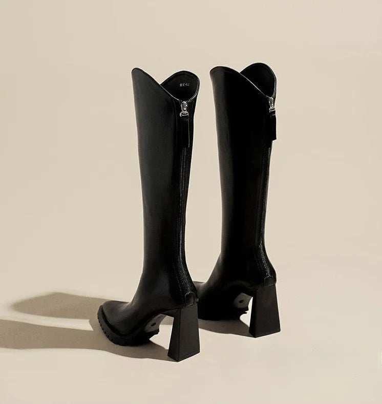 Elegant Heeled Women's Long Boots High Heels Leather Brown Ladies Knee Shaft Shoes Pointed Toe Waterproof Y2k Chic New Rock Work