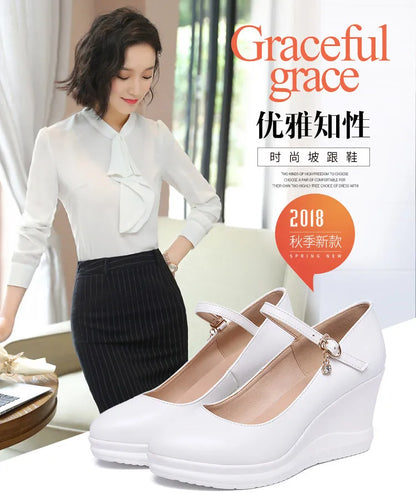 high quality leather shoe for women 7cm wedge high heel platform round toe 32 33 42 43 elegant and fashion shoe white red black