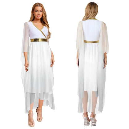 Women Halloween Ancient Greek Goddesses Queen Cosplay Costume Roman Toga Gold Trim Cape Tunic Dress Church Choir Worship Robe
