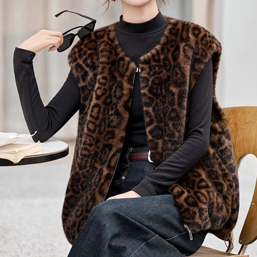 Winter fashion  casual senior sense thin  fur integrated leopard print vest warm top clothing  chalecos para mujer