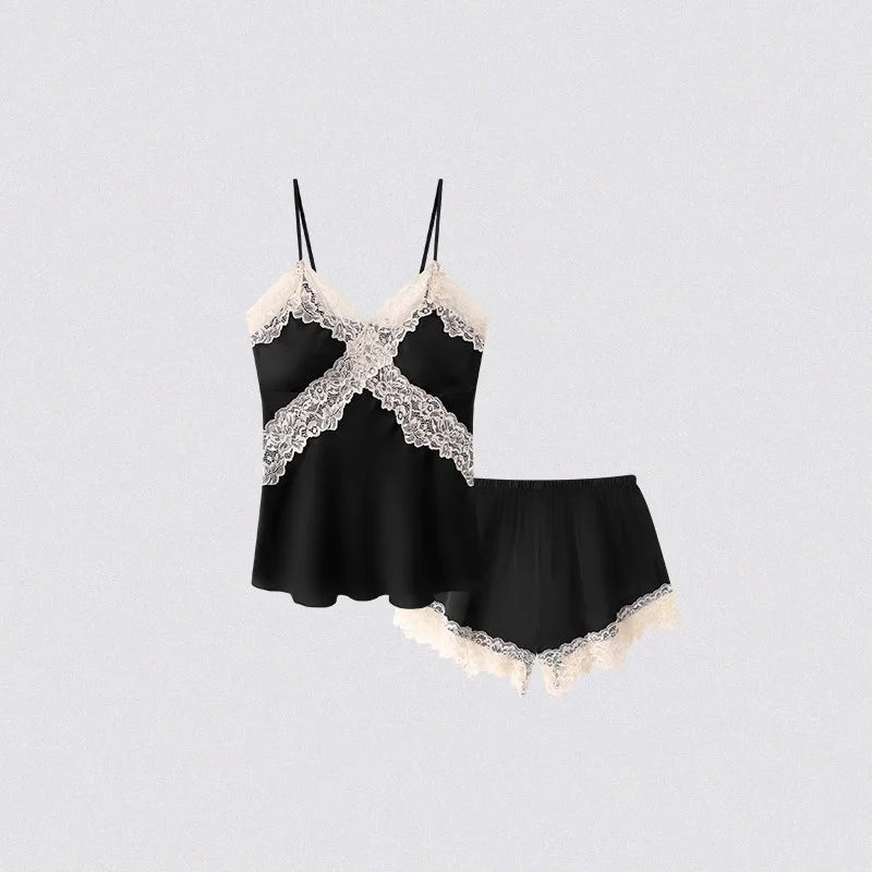 Womens Sexy Satin Pajama Set Lace Trim Cami Top Shorts Lingerie Sleepwear Silky Black Cream V Neck Spaghetti Strap Two Piece