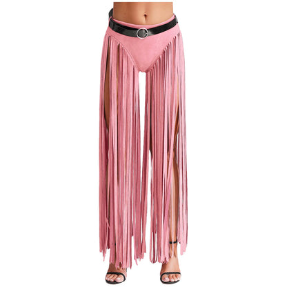 Womens Hippy Cosplay Costume High Waist Suede Underwear with Long Tassels And Belt Halloween Dress Up 70s Disco Costume
