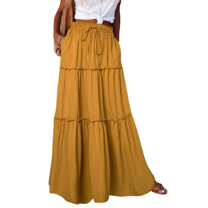 Women's Spring  Autumn New Long Skirt Solid Color Fashionable Mushroom Layered Skirt High Waist Elastic Ruffle Skirt