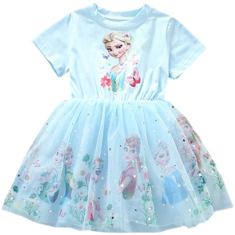 2024 Girls Dress Cartoon Summer Frozen Fashion Children's Elsa Princess Baby Girl Toddler Short Sleeve Cute Party Dresses 3-9Y