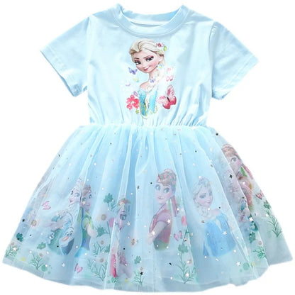 2024 Girls Dress Cartoon Summer Frozen Fashion Children's Elsa Princess Baby Girl Toddler Short Sleeve Cute Party Dresses 3-9Y