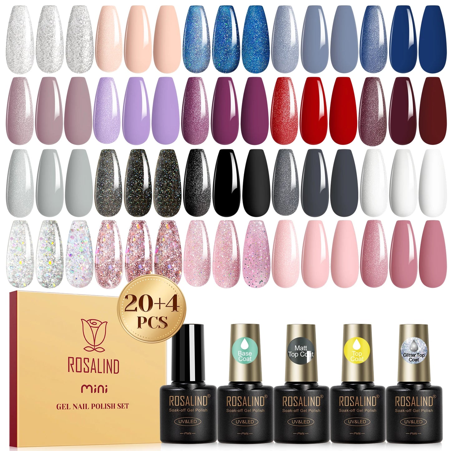 ROSALIND 24PCS Gel Nail Polish Set with Base and Top Coat Soak Off Nail Gel Kit Long Lasting