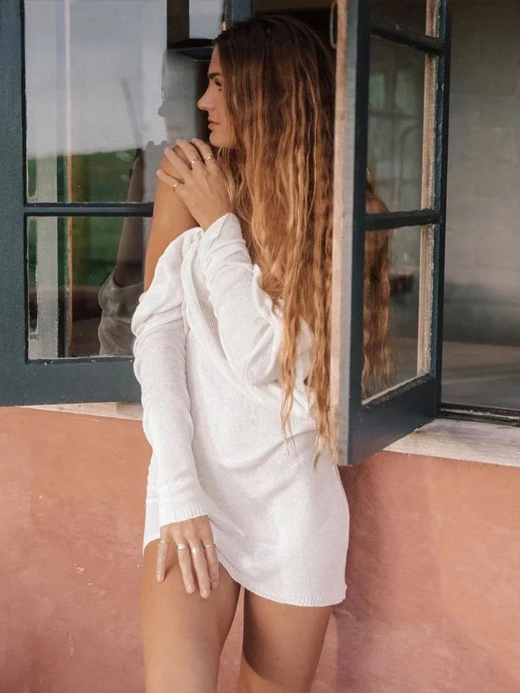 2024 U Shape Backless Knitted Long Sleeve Dress Beach Wear Festival Sexy Mini Dress Women's Summer Dresses