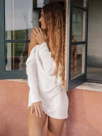 2024 U Shape Backless Knitted Long Sleeve Dress Beach Wear Festival Sexy Mini Dress Women's Summer Dresses