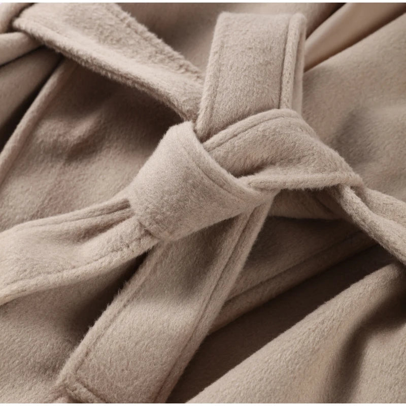 2025 Chic Lapel Plush Coat With Belt Women Vintage Solid Faux Fur Sleeve Tweed Open Coats Female Autumn Casual Street Outwear