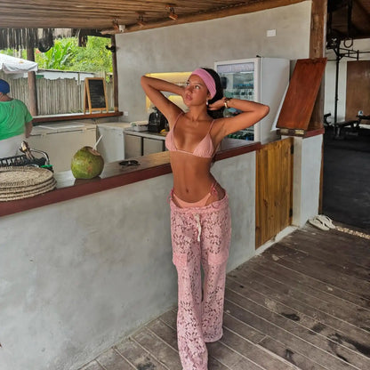 3 Pcs Sexy Bandage Bikini With Pants Wide-Leg Lace Pants Summer Women White Tube Top with Pants Suit Female