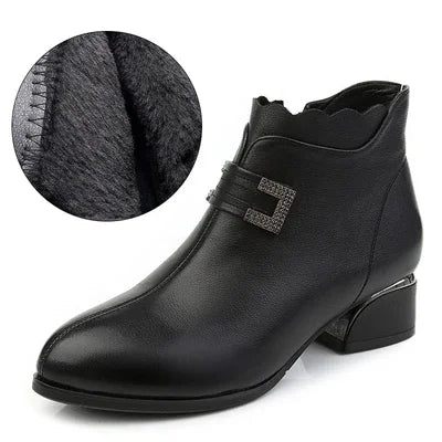 2025 Fashion Genuine Leather Ankle Boots Women Thick Heels Zipper Pointed Toe Autumn Winter Woman Shoes Soft Sole Short Boots