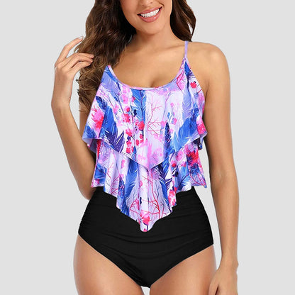 Chic Elegant Bikini Summer Multi-Layer Ruffled Edge Folds Crew Neck Sling Swimwear High Waist Thong Separate Two-Piece Swimsuit