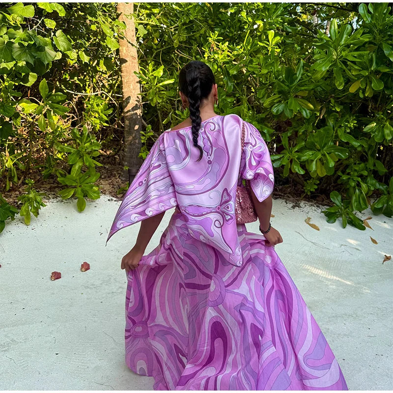 Geometric Print Cape Women's Set Loose Batwing Sleeve Top Flowy Maxi Skirt 2025 Summer Elegant Suit Holiday Fashion Lady Sets