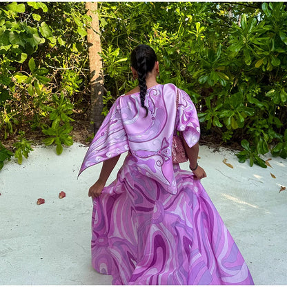 Geometric Print Cape Women's Set Loose Batwing Sleeve Top Flowy Maxi Skirt 2025 Summer Elegant Suit Holiday Fashion Lady Sets