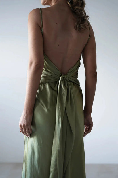 EtherealBe Sexy Satin Halter Dress in Olive Green