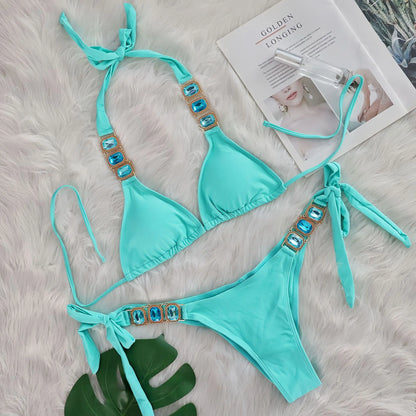 Sexy Rhinestone Bikini Set Women 2025 Luxury Pink Crystal Diamond Push Up Bandage Thong Swimsuit Beach Bathing Suit Swimwear