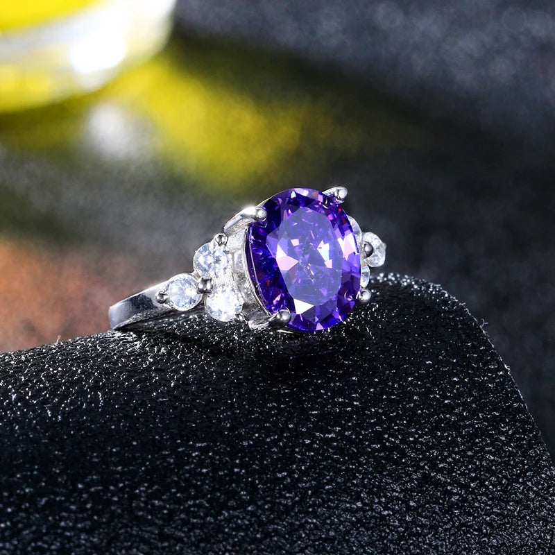 Women's Jewelry Silver Color Ring AAAAA Mysterious Purple Zircon Oval Ring Wedding Jewelry Party Gift