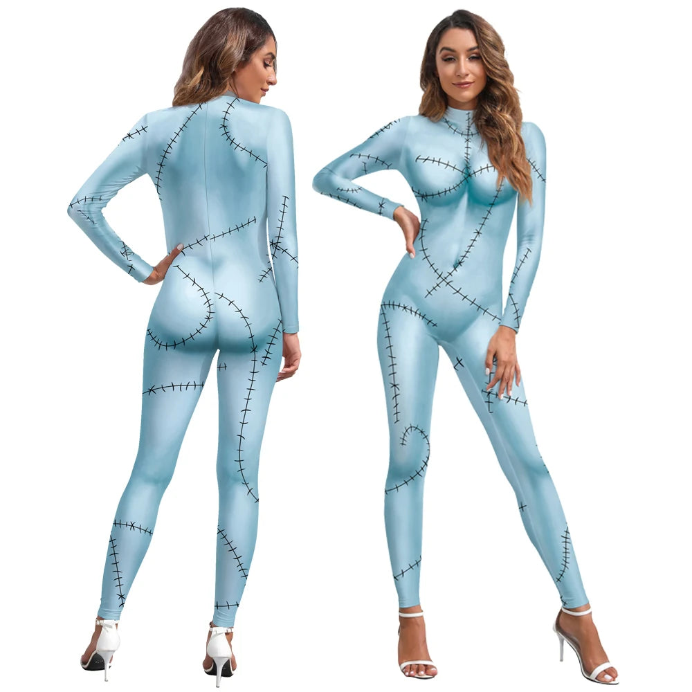 EtherealBe Nightmare Before Christmas Sally cosplay costume featuring a form-fitting stitched design