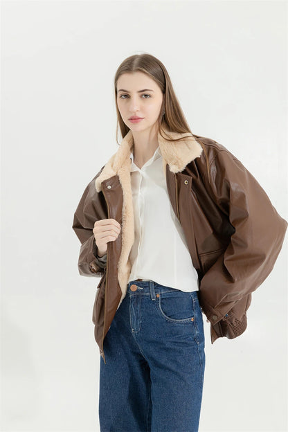 Winter Women's Fur Leather Jacket Long Sleeved Loose Warm Lamb Wool Vintage Thickened Locomotive Lapel Female PU Motorcycle Coat