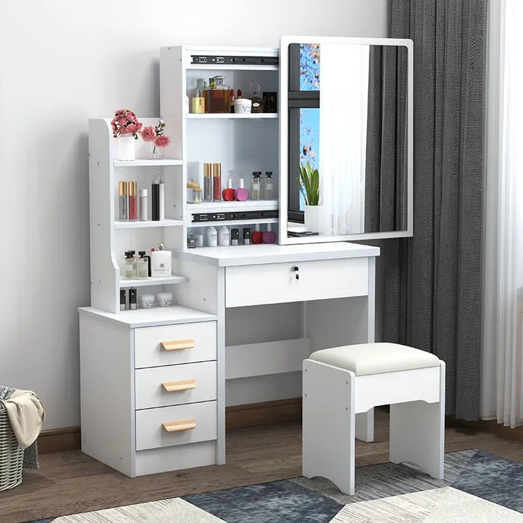 Wooden Table with Mirror, Home Makeup Table, 4 Drawers, Vanity Set with Folding Mirror