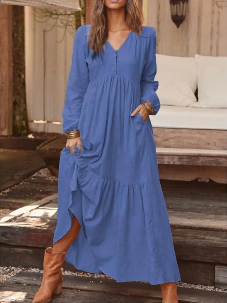 Autumn Winter Women's Clothing New Fashion Solid Color Button Cotton Linen Retro Casual Long Sleeved Dress Big Swing Long Skirt