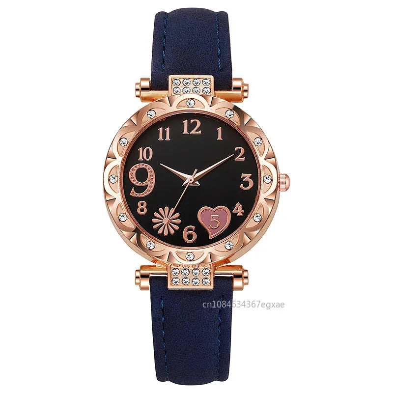 2/1PCS Fashion Heart Dial Women's Watches Luxury Leather Band Quartz Watch Rhinestone Bracelet Set Female Relogio Feminino