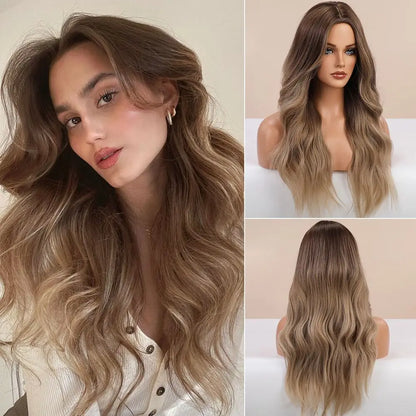 Element Medium Length Synthetic Straight Natural Brown Wigs with Side Bangs Heat Resistant Party Wigs for White/Black Women