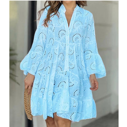 Plus Size S-5XL Hollow Out Dresses for Women Summer Elegant Solid Embroidered Lace Dress Loose Holiday Beach Mini Dress White