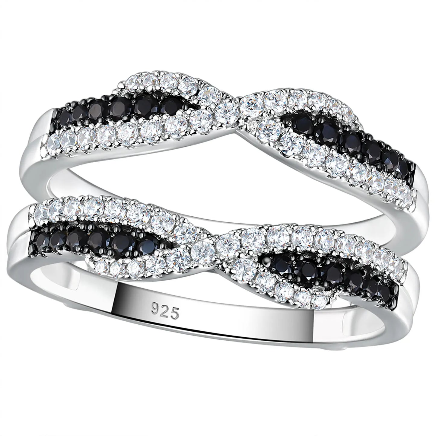 Newshe 925 Sterling Silver Black Blue White 5A Grade Cubic Zircon Wedding Ring Enhancer for Women Twist Rope Design Fine Jewelry