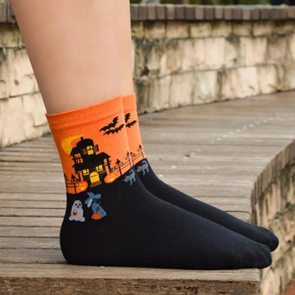 Halloween Harajuku Characteristic Couple Socks Funny Bat Pumpkin Lantern Wizard Ghost Print Men's Women's Middle Tube Socks