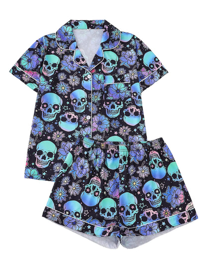 Women Halloween Pumpkin Bat Print Pajama Set,Breathable Lapel Loungewear Short-Sleeved Roll-Neck Shirt and Loose Shorts S-XXL