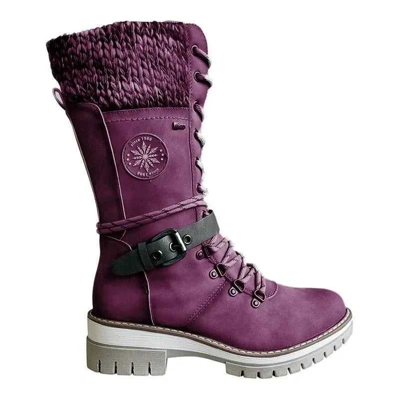 2025 Women Winter Buckle Lace Knitted Mid-calf Boots Low Heel Round Toe Boots Top Quality Winter Warm Boots Women Botas De Mujer