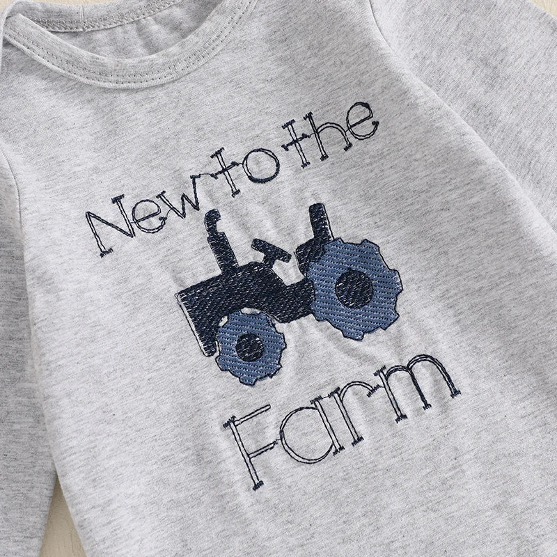 EtherealBe toddler boys tractor outfit set featuring gray shirt with tractor design and text New to the Farm