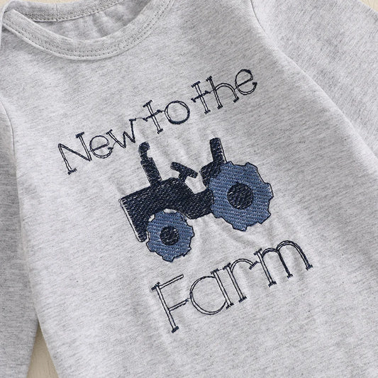 EtherealBe toddler boys tractor outfit set featuring gray shirt with tractor design and text New to the Farm
