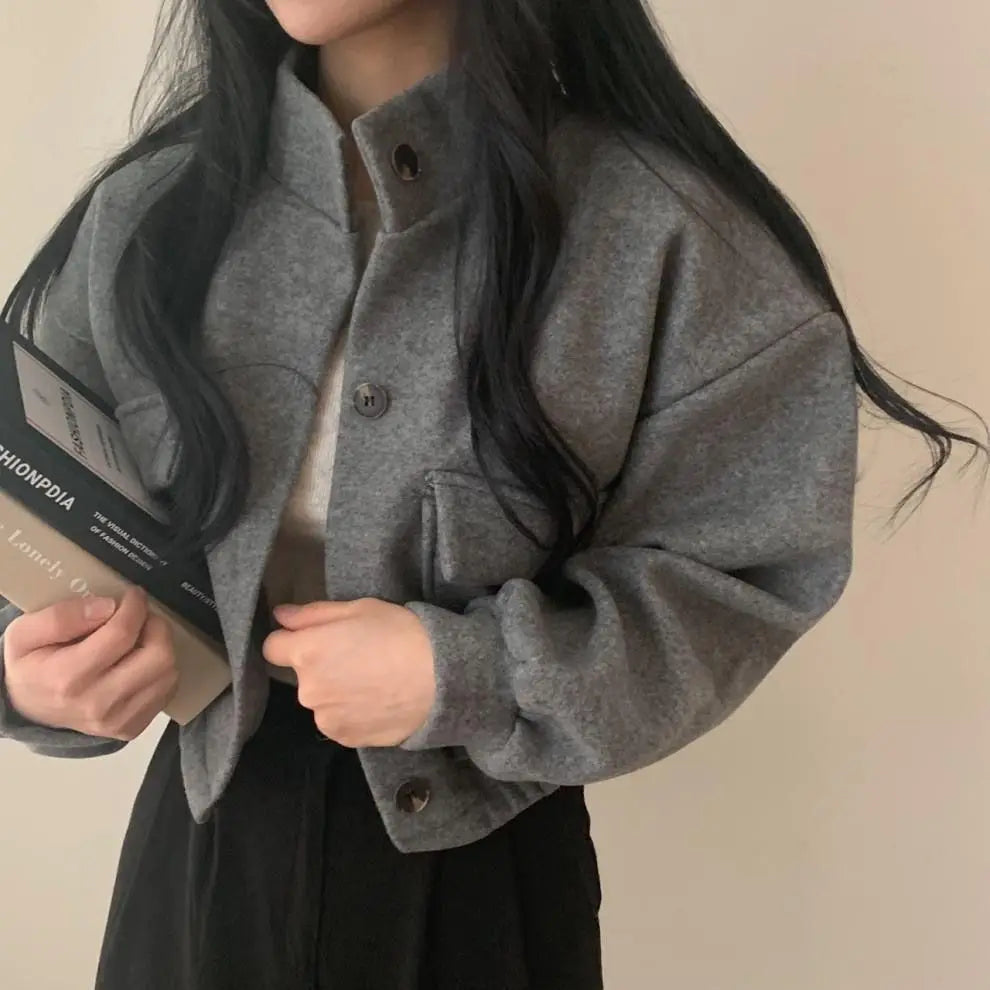 Autumn and Winter Loose Wool Coat for Women's Pocket Stand Collar Top Long Sleeve Button Hong Kong Style Wool Coat