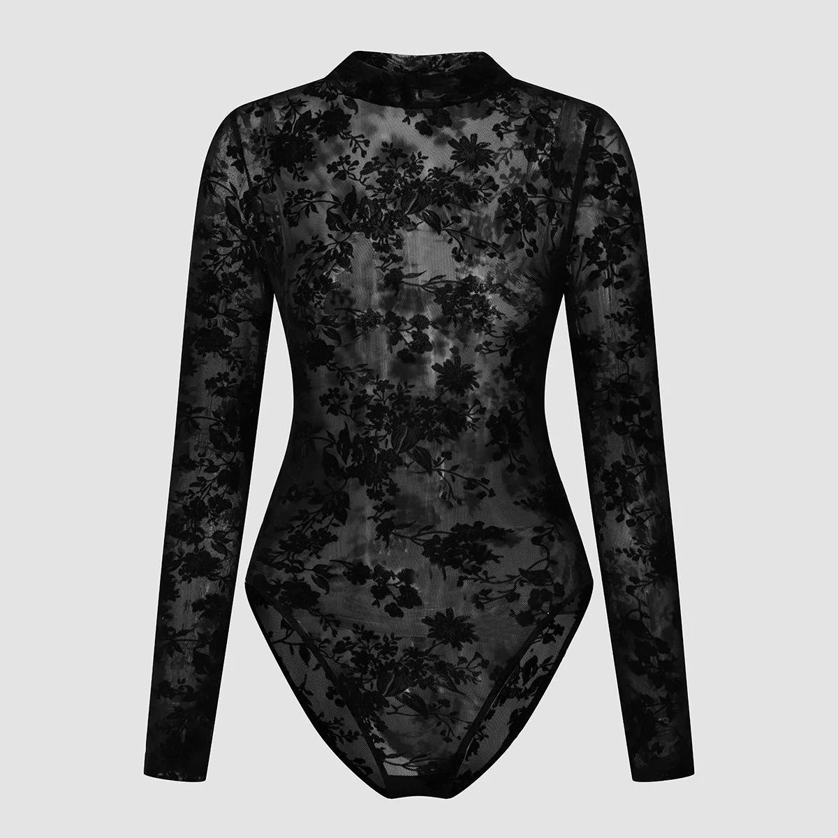 Sexy Women's Black Floral Flocking Sheer Mesh Mock Neck Long Sleeve Bodysuit