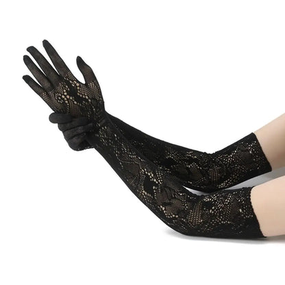 High Elasticity Long Lace Gloves Cosplay Stage Performance Bridal Gloves Floral Pattern Halloween Mesh Mittens