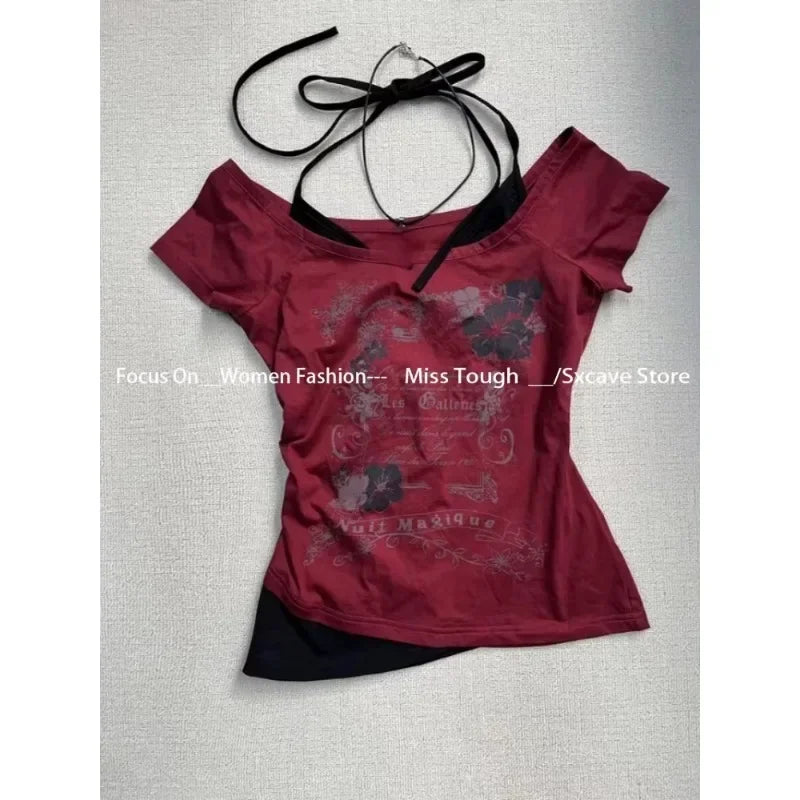 Vintage Crop Tops 2024 Summer Sexy One Shoulder Y2k Aesthetic T-Shirts Streetwear Gray Printing Slim Tshirts Harajuku Bottoming