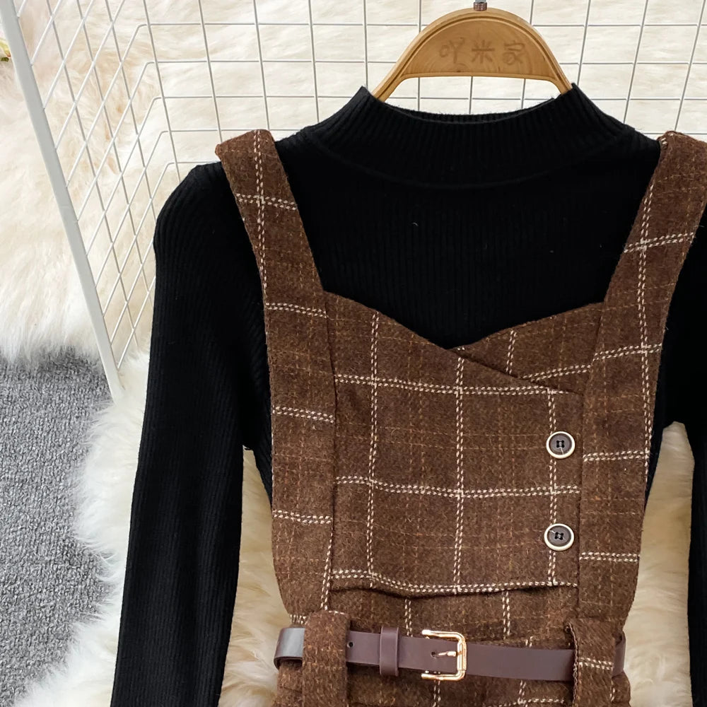 High Quality Fall Winter Women Sweater Overalls Dress Sets Casual Knitted Tops +Plaid Woolen Dress 2 Piece Sets Outfits Female