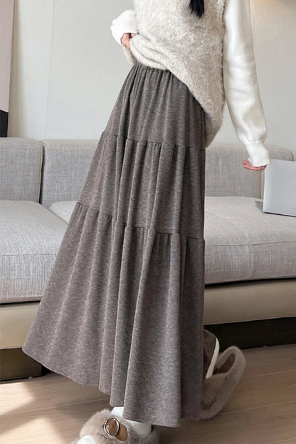 Autumn Casual Knit Pleated Skirt for Women Elegant Solid Color A Line Long Skirts Korean Streetwear High Waist Patchwork Skirt