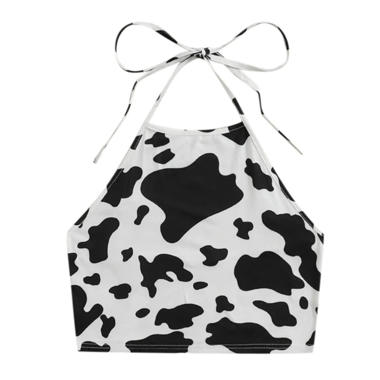 Summer Cow Printed Sexy Tank Tops Women Halter Neck Lace Up Cropped Tops Cute Cosplay Contrast Color Backless Trendy Cami Vest