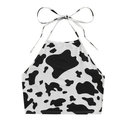 Summer Cow Printed Sexy Tank Tops Women Halter Neck Lace Up Cropped Tops Cute Cosplay Contrast Color Backless Trendy Cami Vest