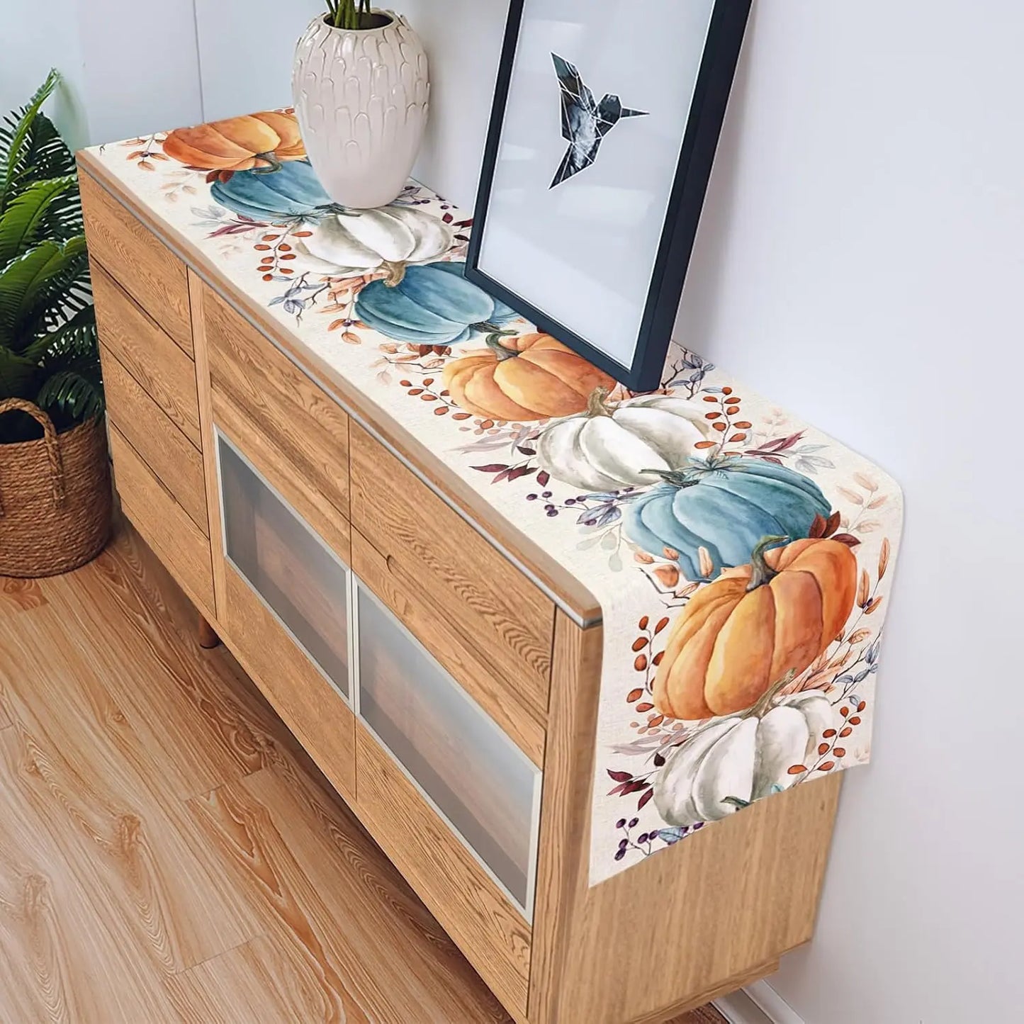 Fall Thanksgiving Colorful Pumpkins Eucalyptus Leaves Linen Table Runners Autumn Dresser Scarf Holiday Wedding Party Table Decor