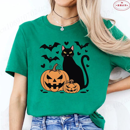 Black Cat Halloween Print Women's Summer T-shirt Casual Clothing Oversized Y2k Personality Short Sleeve Tops Spooky Season Tees