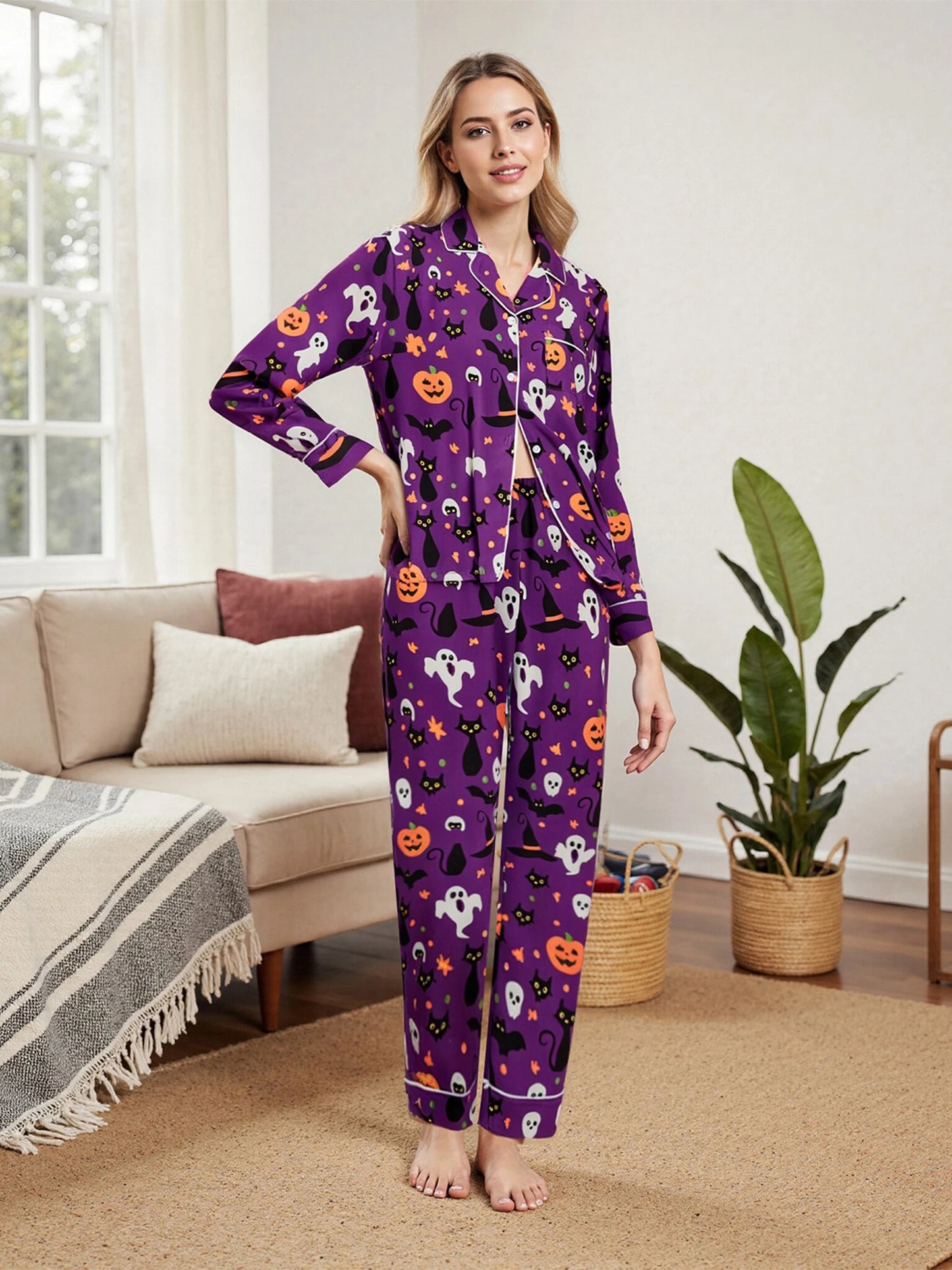 Women Halloween Pajama Set Pumpkin Ghost Long Sleeve Tops + Pants For Nightwear Homewear Casual Wear