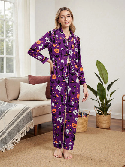 Women Halloween Pajama Set Pumpkin Ghost Long Sleeve Tops + Pants For Nightwear Homewear Casual Wear
